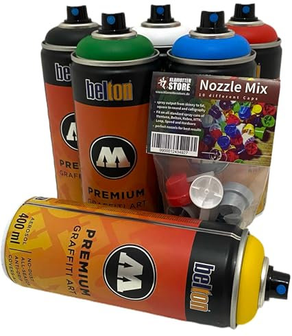 KLAMOTTEN STORE Sprayfarben Molotow Premium Grundfarben + Schwarz & Weiß 6x400ml für Hobby, Kunst und Handwerk