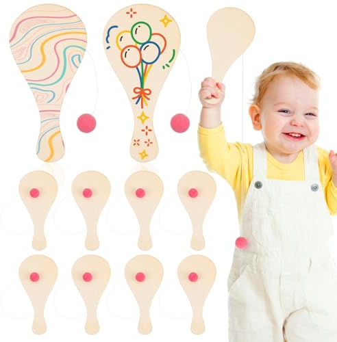 Amosfun 10 StüCk Holz-PaddleballschläGer FüR Kinder – Diy Bastelset Zum Malen Und Spielen, Ideal FüR Kindergeburtstage Und FamilienaktivitäTen