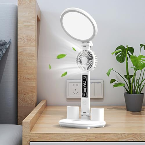GDWD Schreibtischlampe, LED Tischlampe mit Ventilator, 3 Farbmodi Dimmbare Schreibtischlicht, USB-Ladeanschluss Touch Tischleuchte mit Uhr/Kalender/Temperatur/Stifthalter für Büro, Lesen, Kinder