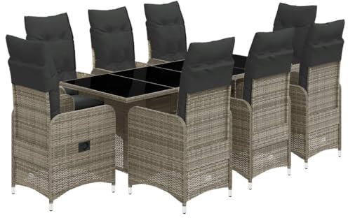 vidaXL Garten Bistroset 9-TLG., Balkonset mit Kissen, Gartenmöbel Tisch 8 Verstellbare Stühle, Balkonmöbel Sitzgruppe Gartengarnitur, Grau Poly Rattan