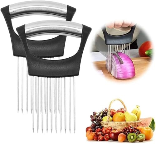 Upgraded Onion Holder for Slicing 2025 New Stainless Steel Food Slice Holder Lemon Slicer Vegetable Cutter - Kitchen Chopper Slicing Assistant Tool for Meat/Onion/Potato/Tomato - 2 Pcs