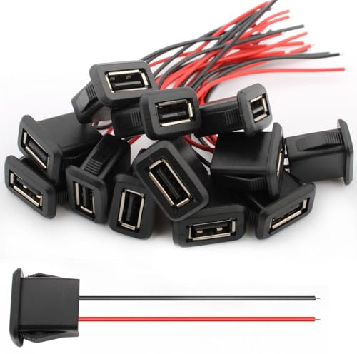 VISSQH 12 PCS Micro USB Socket,3A 2 pin USB Female Type A Soldering Jack with Card Buckle,2 Wire Micro USB Panel Mount connector,22AWG USB Socket Pigtail Cable Extension Power Cable