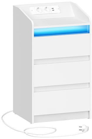 Hzuaneri Nachttisch mit 3 Schubladen, Beistelltisch mit Ladestation und LED, 2 AC-Steckdosenund 2 USB-Anschlüsse für Schlafzimmer, Wohnzimmer, Weiß NS40003X