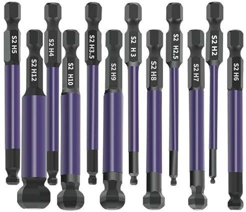 Oiieco 12Pcs Allen Key Bit Set, Hex Bit Set,Professional Allen Key Drill Bit Set,S2 Steel 1/4” Hex Shank,Ball Endallen Key Bit Set H2-H12 for Assembling Furniture