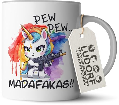 #teamludorf - Tasse - Grau Henkel & Innen - Einhorn PEW PEW... MADAFAKAS! - Witzige Kaffeetasse 300 ml, langlebige Keramik, mikrowellengeeignet, für Kaffee & Tee