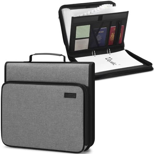 Uquelic Dokumentenmappe A4 mit Griff, Document Organizer mit 13 Fächern und Ringordner, Konferenzmappe, Erweiterbare Aktenordner für Büro Hause Schule (Grau)