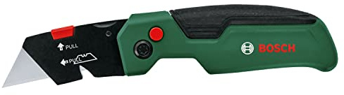 Bosch cutter pliant (compact et robuste ; acier inoxydable ; ouverture possible d’une seule main ; changement de lame rapide ; clip de ceinture ; stockage de lame ; avec 3 lames en acier SK5)