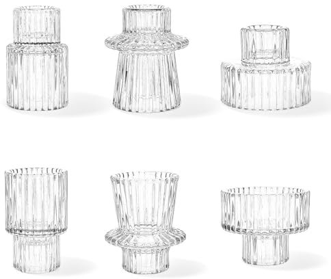 ZhouZGlass Glass Candle Holders Set of 6, Reversible Tealight & Taper Candle Holders, Transparent Crystal Tea Light Holders for Wedding Dinner Party Festival
