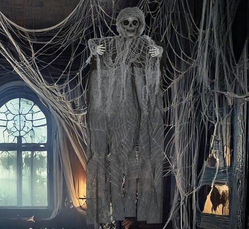 FIESTAS GUIRCA | Skelett mit Tunika Hängedekoration (60 cm) - Gruselige Halloween Dekoration zum Aufhängen für Partys oder im Spukhaus - Horror Skelett Hängefigur Grau