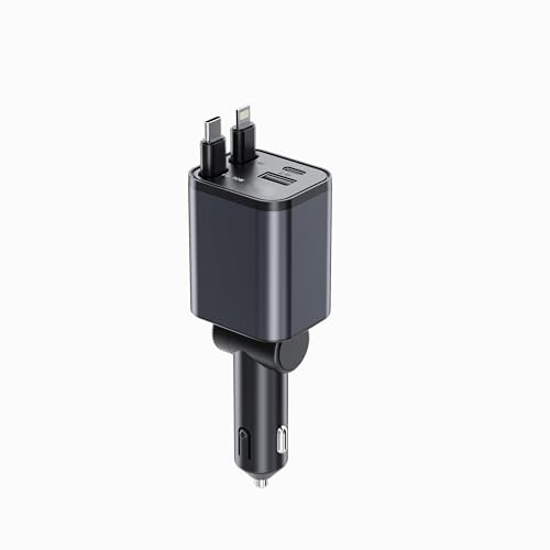 GUAGUA 4 in 1 Caricatore Auto USB C 69W Retrattile Accendisigari USB, Ricarica Rapido Caricabatterie, Accessori Auto Interno, fit iPhone 16 15 14 13 12 Pro Max iPad Samsung Galaxy S25 Xiaomi, Grigio