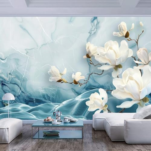 Art Fototapete 3d Effekt Wallpaper Blauer Marmor Weiße Orchidee Tapete 3D Tapeten für Wohnzimmer Schlafzimmer Büro Flur