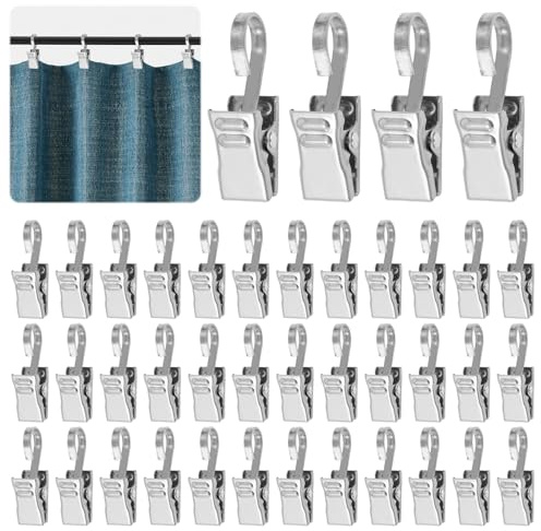 40 Pezzi Clip per Tendine con Gancio (10x19 mm), Multifunzione Antiruggine Clip Tenda Doccia in Metallo, Clips per Tende con Ganci in Acciaio Inox, Mollette per Tende per Luci per Feste, Decorazioni