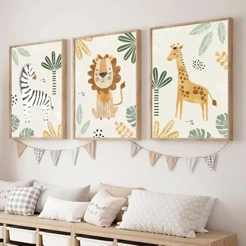 BeiYiHo 3 Poster Tiere im Wald Löwe Giraffe Zebra Bilder Kinderzimmer Jungen Dschungel Bild Babyzimmer Beige Grün Poster Safari Kinderzimmer Wandbilder Deko Waldtiere Leinwand 30 x 40 cm ohne Rahmen