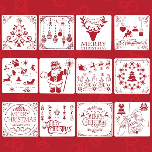 12 Stück Schablonen Weihnachten Set, Weihnachtsschablonen Zeichenschablonen Schneespray Fenster Schablone Malschablonen Wiederverwendbare für Sprühschnee Karten Scrapbooking Weihnachtsdeko Basteln DIY
