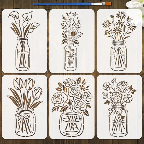 FINGERINSPIRE 6Styles Glasflaschen Mit Blumenmuster Schablonen Mit Einem Pinsel 29.7x21cm Frische Blumen Malschablonen Calla Lilien Zeichenschablonen PET Pflanzenthemen Vorlage Für Die Heimdekoration