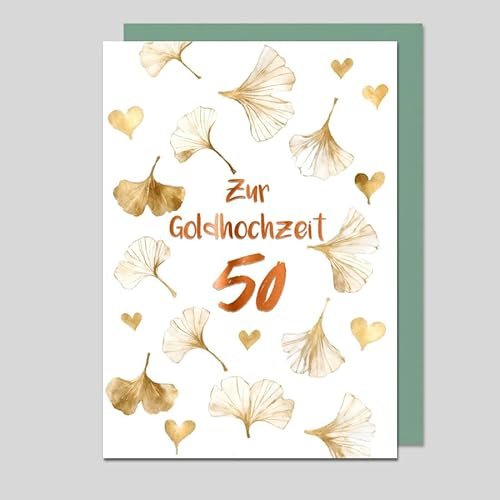 Michel Verlag Glückwunschkarte zur GOLDHOCHZEIT 50 – Klappkarte Goldene Hochzeit inkl. Umschlag. Jubiläumskarte 50. Hochzeitstag GINKGO Herz – hochwertige Karte zum 50 Ehejubiläum. 17x12cm