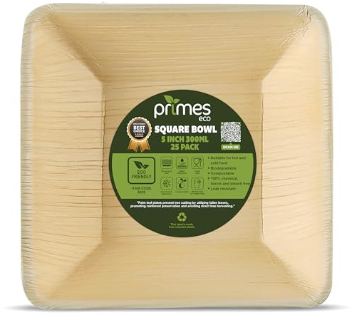 PRIMES ECO Square Disposable Palm Leaf Bowls -Eco Friendly Biodegradable & Compostable Areca Leaf Tableware for Hot & Cold Food, Soup, Salad, Dessert, Parties & Catering (25, 5 Inch)