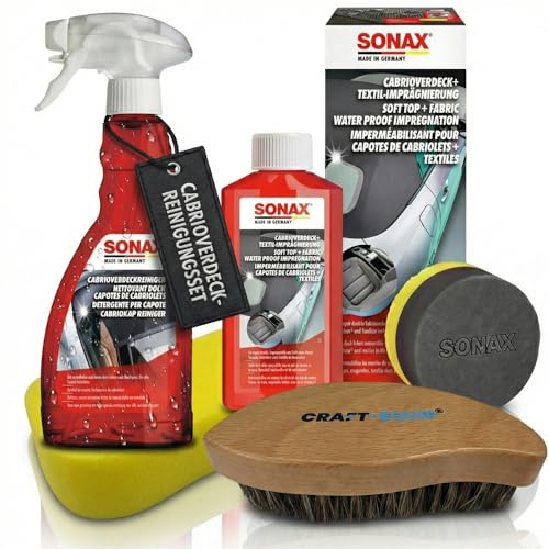 4 teiliges Cabrio-Verdeckreinigungs-Set: SONAX 250ml Cabrioverdeck Imprägnierung + Cabrioverdeckreiniger 500ml + Craft-Equip Lederbürste + Schwamm zur schonenden Reinigung ihres Cabrioverdecks
