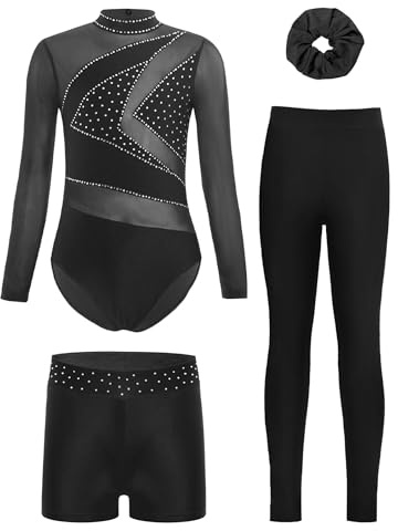 Miutii 4tlg.Mädchen Turnanzug Glitzer Gymnastikanzug mit Shorts Hose und Haargummi Langarm Gymnastik Leotard Wettbewerb Tanzkostüm