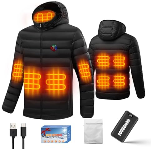 Heated Jacket, 9 Zones & 3 Temperature Levels Usb Heated Down Jacket with 7.4V 20000mAh Power Bank, Upgraded 5 in 1 Heated Gilet Coat for Men Women, Removable Hood, for Outdoor Camping Hiking, L