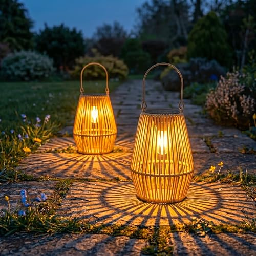2 Stück Solarlaternen für Außen, Freekite Geflochtene Rattan Hängende Solarlaternen, Solar Lampions Außen Wetterfest, Solarlampen für Garten, Gartendeko, Patio, Camping, Geschenk für Frauen und Mütter