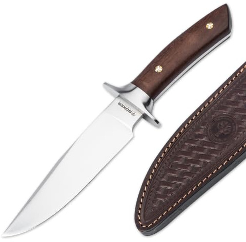 BÖKER ARGENTINA® Torito GX - klassisches Jagdmesser mit feststehender Klinge 16,2 cm & Holzgriff - Bushcraft Messer mit Leder-Scheide braun - handgemachtes Profi Full Tang Abfangmesser für Outdoor