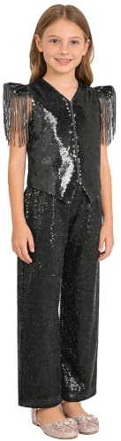 Miutii Niña Conjuntos Chaleco Y Pantalones Trajes Disco Jazz Brillantes Negro 15-16 años