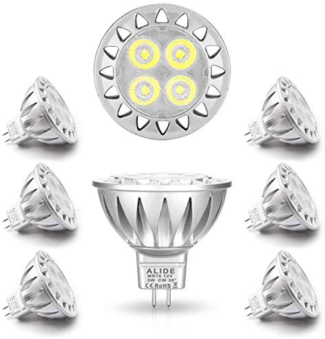 ALIDE MR16 Led Bulbs 6000K Daylight Bright Cool White 5W,Replace 20W 35W Halogen Equivalent,12V MR16 GU5.3 Low Voltage Bulb for Outdoor Landscape Track Ceil Lighting,Not Dimmable,450lm,38 Deg,6 Pack
