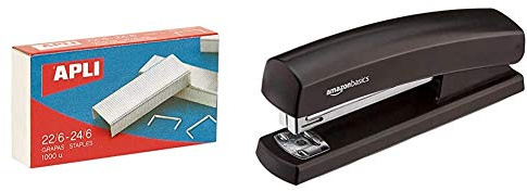 Apli Kids 13469 Pack De 1000 Grapas, 22/6-24/6 + Amazon Basics - Grapadora con capacidad 1000 grapas, color negro