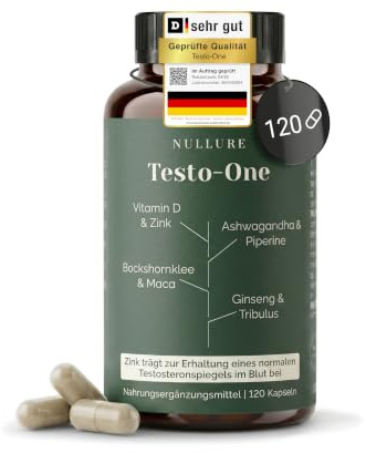 Testo-One Testosteron¹ Kapseln | Nullure | 120 Kapseln (2 Monate) | Unabhängig getestet in Deutschland | Vegan & Ohne Magnesiumstearat | Ashwagandha + Maca + Tribulus + Bockshornklee + Zink