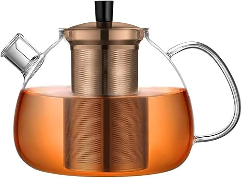 ecooe Original tekanna i 1 500 ml brons av glas borosilikatglas, tebryggare med avtagbar 18/8 rostfritt stål, rostfri värmebeständig för svart te, grönt te, fruktte, doftande tepåse