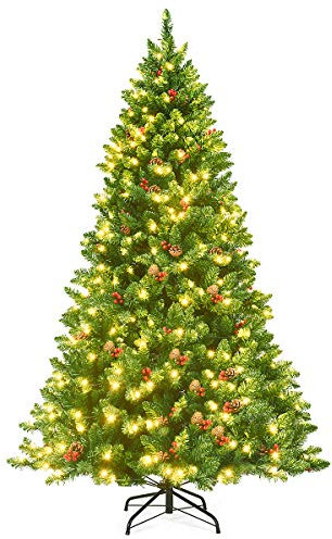 COSTWAY 135/200cm Künstlicher Weihnachtsbaum mit warmweißer LEDs, Tannenbaum mit Metallständer & Tannenzapfen & rote Beeren, Christbaum PVC Nadeln, Weihnachten Klappsystem, grün (200cm)