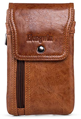 Hengwin Herren Rindsleder Dual Handy Gürteltasche mit Reißverschluss Tasche, Leder Handy Holster Fall für iPhone 17 16 15 14 Pro Max, Samsung S25 S24 Ultra Smartphone Kleiner als 17.78 cm, XL (Braun)