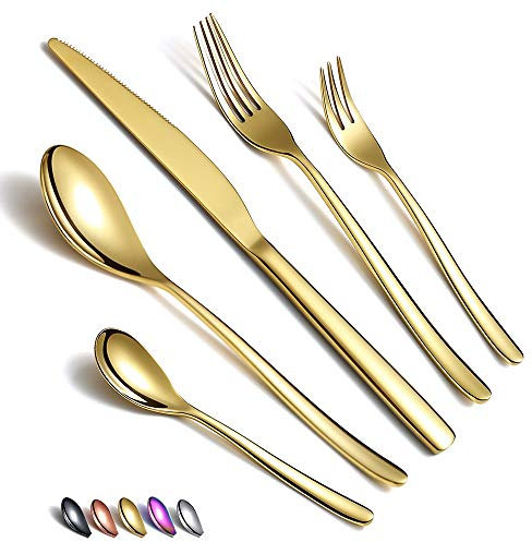 HOMQUEN 30 Stück Gold Besteck Set, GoldBesteckset aus Edelstahl, GoldTitanbeschichtung, Utensiliensets Service-Set für 6(Gold Glänzend)