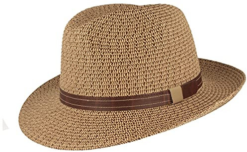 Breiter Strohhut Bogarthut Sommerhut Sonnenhut aus 100% Papier knautschbar Besonders Leicht, Flexibel, Hautfreundlich Bequem Braun meliert Kunstlederband, XXL
