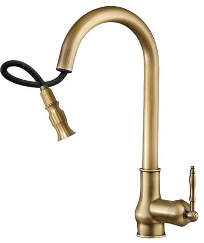 NIUKOMY Miscelatore Cucina Retro, Rubinetto Ottone Antico con Doccetta Girevole a 360° Estraibile Monocomando e Fredda e Calda Regolabile Rubinetto per Cucina Lavello,Spazzolato