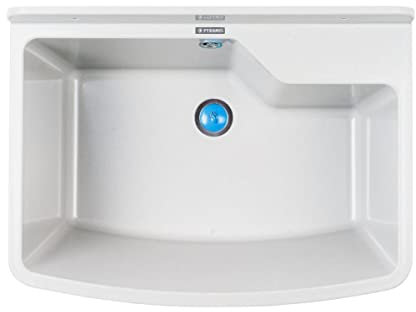 VBChome Ausgussbecken 61 x 44 x 23 cm Weiß Spülbecken Waschtrog mit Überlauf Waschbecken für Gewerbe Waschraum Garten inkl. Ablaufgranitur