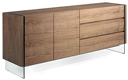 Angel Cerdá - Credenza in Noce con Gambe Laterali in Vetro Temperato, Due Ante e Tre Cassetti - Mobile Moderno per Soggiorno - Ampio Spazio di Archiviazione - 188 x 45 x 75 cm