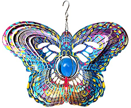 FONMY Mandala Wind Spinner w/Crystal Ball-Butterfly 3D Stainless Steel Hanging Spinners Worth Gift Christmas Decoration Indoor/Outdoor Garden Décor Kinetic Yard Art 12 Inches Wind Sculpture