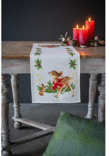 Vervaco Stickpackung Tischläufer Zählmusterpackung Kreuzstich Hirsche mit Kaninchen Stickläufer zum Selbersticken Stickset Weihnachten Kreativ Set für Erwachsene 32 x 84 cm Kreatives Geschenk