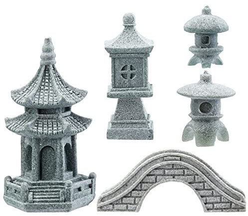 SUPERFIDINGS 5 Styles Japanese Pagoda Lamp Lantern Stone Pagoda Lantern Garden Statue Footbridge Figurines for Landscape Balcony Garden Patio Porch Yard Art Ornament