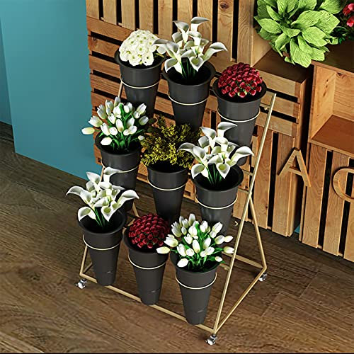HOFSSI Porte-Fleurs Nordique en Fer Forgé Doré À 3 Couches, Grand Porte-Plante avec 9 Présentoirs À Seaux À Fleurs, Porte-Fleurs Fleuriste Seau À Fleurs avec 4 roulettes/Roues en Caoutchouc