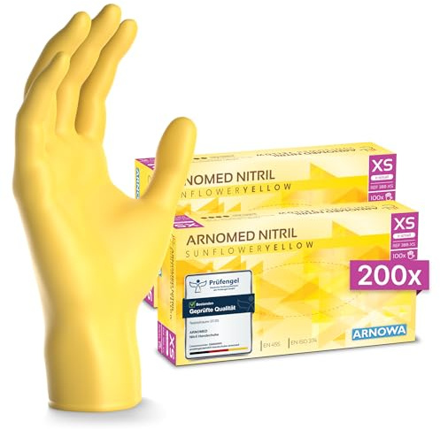ARNOMED Guantes nitrilo talla XS, amarillo, guantes de nitrilo, 200 unidades (2 cajas), guantes nitrilo desechables sin polvo, guantes de goma sin látex, guantes nitrilo en tallas XS, S, M y L