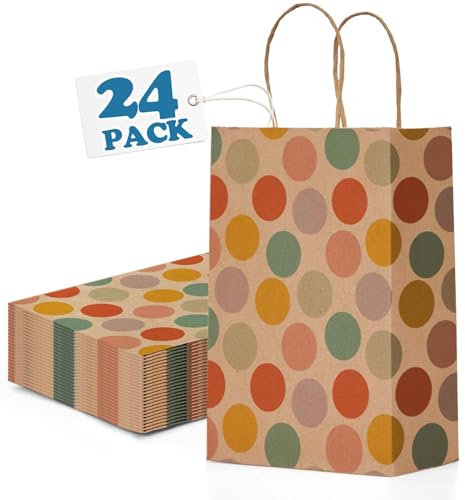 Switory 24 Stück Geschenktüten, Braun Papiertüten mit Henkel, Punkte Klein Papiertüten Für Party, Geburtstag, Hochzeit, Valentinstag 15x8x21CM