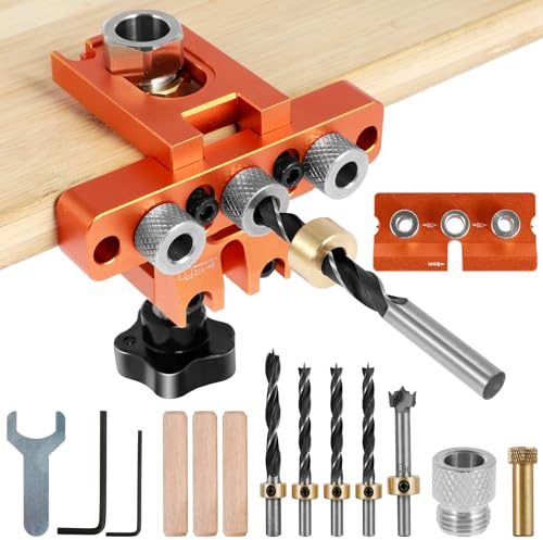 Deuson Dowel Jig Kit Aluminiumlegierung 3 in 1 Bohrloch-Loch-Guide Precise Bohrlocator Tragbare Puncher-Positionierungsführung mit 8 mm 10 mm 15 mm Bohrer Taschenloch-Schablone für Holzbearbeitung
