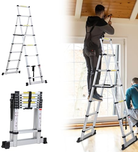 Fiqops 2m+2,3m Échelle télescopique en aluminium, 6+7 marches Échelle pliante à cadre en A Échelle polyvalente Échelle debout Échelle extensible Échelle d'accès pour réparations de toit