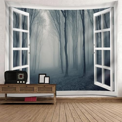 Mesnt Wandteppich Wald Natur, Fensteransicht des grauen Nebelwaldes Tapisserie Dekoration für Schlafzimmer Wohnzimmer, 240x220cm