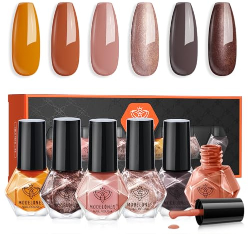 Modelones Nail Polish Set 6 Colors Autumn Brown Quick Dry Nail Varnish Metallic Gray Glitter Orange Manicure Diy Home Salon For Women