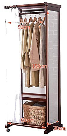 Generisch Clothes Rack Kleidergarderobe bodenmontierter Kleiderständer mit Spiegel Kleiderständer mit Riemenscheibe Ganzkörperspiegel Staubvorhang Kleiderbügel aus Holz im europäischen Stil SCHL