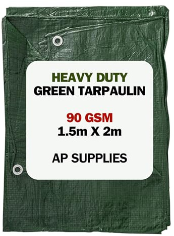 AP Supplies Green Tarpaulin 90gsm Waterproof Cover Sheet 1.5m x 2m | M-Grade Polyethylene Ground Sheet with Reinforced Edges & Aluminium Eyelets for Outdoor Protection